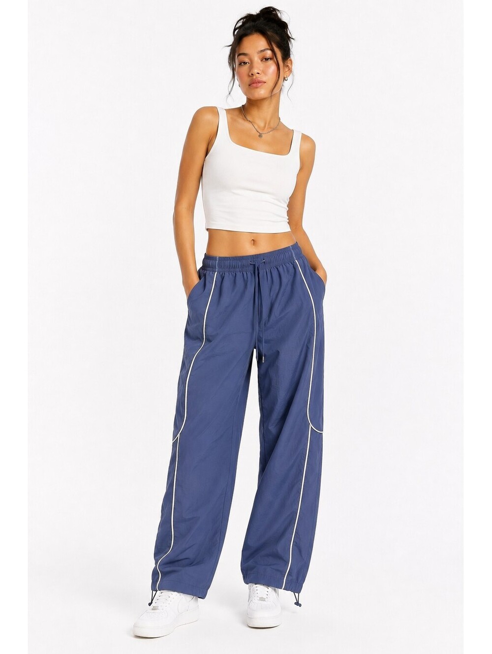 BDG Jess Nylon Track Pants Blue Cream Piping Baggy Y2K Womens XS Joggers